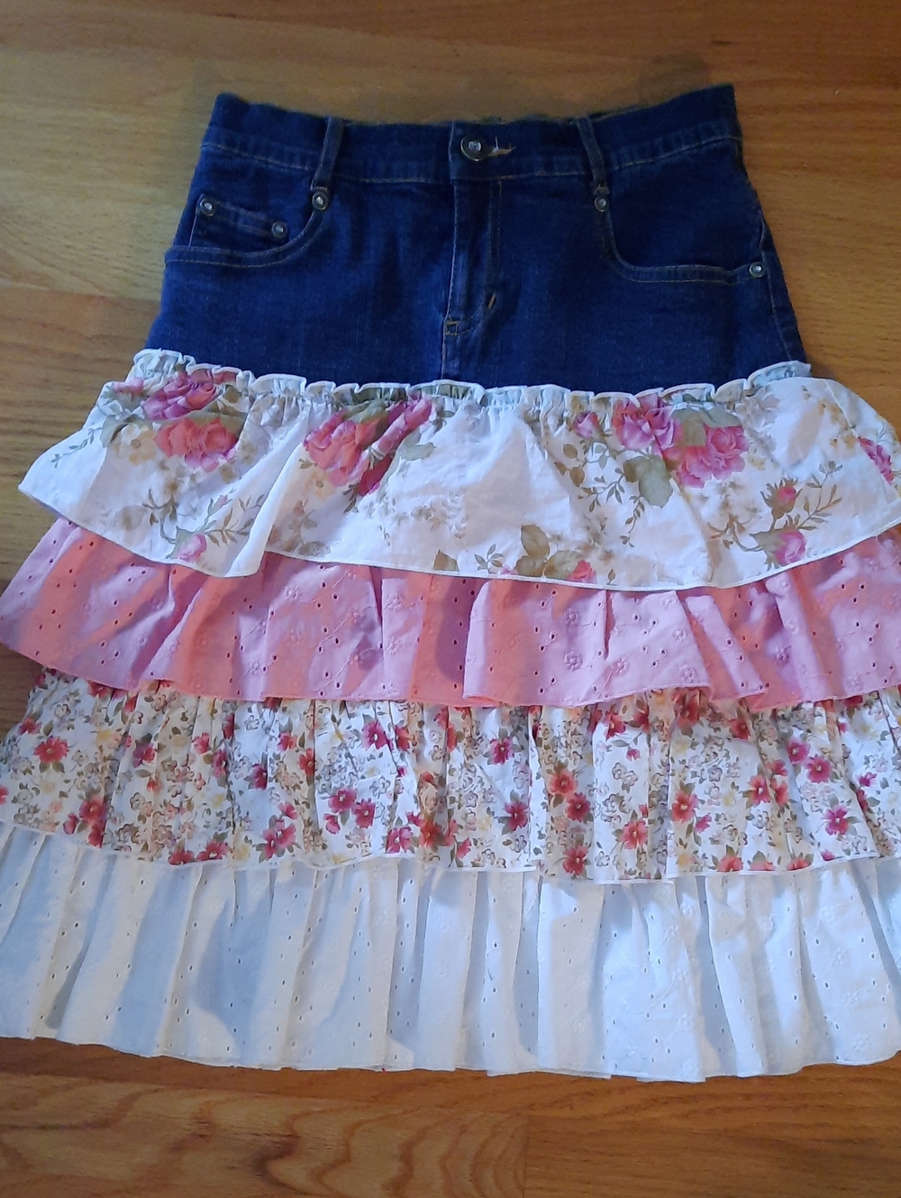 14 Candie's Denim Waist Tiered Floral and Pink Ruffle Skirt Size 14
